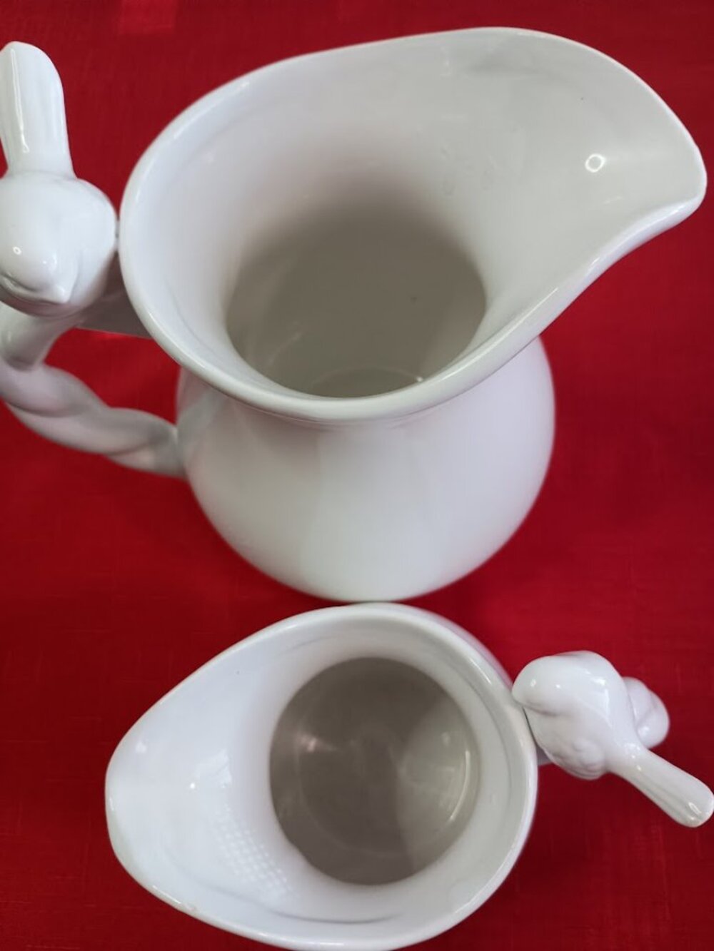 White Ceramic Pitcher Set with Bird Handles - Picture 2 of 5